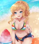  1girl :d bad_hand bangs bare_arms bare_shoulders beach belt bikini blonde_hair blue_eyes blush breasts brown_belt cleavage collarbone commentary_request denim denim_shorts eyebrows_visible_through_hair food front-tie_bikini front-tie_top hair_ornament holding holding_spoon idolmaster idolmaster_cinderella_girls jewelry komari_mhy large_breasts long_hair looking_at_viewer multicolored multicolored_bikini multicolored_clothes navel necklace o-ring o-ring_top ocean ootsuki_yui open_clothes open_fly open_mouth open_shorts outdoors pink_nails ponytail short_shorts shorts smile solo spoon stomach striped striped_bikini swimsuit upper_teeth 