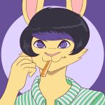  1:1 animated anthro black_hair bust_portrait carrot chewing dami_(damian5320) damian5320 food hair highlights_(coloring) lagomorph leporid male mammal pink_nose plant portrait purple_eyes purple_hair rabbit short_playtime smile solo vegetable 