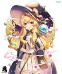  1girl bag black_cat black_cloak black_dress black_headwear black_legwear black_thighhighs blonde_hair cat chestnut cloak colored_smoke commentary_request company_name cowboy_shot dress gem gloves hairband hat holding holding_wand little_witch_nobeta logo long_hair looking_at_viewer nobeta official_art open_mouth phyllis_(cat)_(little_witch_nobeta) phyllis_(little_witch_nobeta) red_eyes short_dress shoulder_bag sibyl sidelocks simple_background smoke sparkle standing striped_clothes striped_dress thighhighs two-tone_dress wand white_background white_dress white_gloves witch witch_hat 