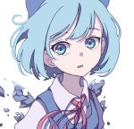  1girl absurdres bangs blue_bow blue_eyes blue_hair bow cirno collared_shirt eyebrows_behind_hair hair_bow highres ice ice_wings kame_(kamepan44231) looking_at_viewer neck_ribbon open_mouth red_neckwear ribbon shirt short_hair short_sleeves simple_background solo swept_bangs touhou upper_body white_background white_shirt wings 