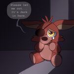 ... 1:1 2015 animate_inanimate anthro big_ears big_eyes black_nose bodily_fluids canid canine closet crying cute_fangs dialogue english_text eye_patch eyewear fangs five_nights_at_freddy&#039;s five_nights_at_freddy&#039;s_4 fox foxy_(fnaf) frown fur grey_background hair hi_res inside male mammal multicolored_body multicolored_fur on_ground pirate plush_foxy_(fnaf) plushie red_body red_fur red_hair sad scared sharp_teeth short_hair simple_background sitting solo speech_bubble talaseba tears teeth text toony toy two_tone_body two_tone_fur video_games yellow_eyes 