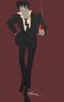  11114tai 1boy black_jacket black_necktie character_name cigarette collared_shirt cowboy_bebop dress_shoes flower full_body hand_in_pocket highres holding holding_cigarette holding_flower jacket lapels long_sleeves looking_to_the_side male_focus necktie open_collar pants parted_lips popped_collar red_background red_flower red_rose rose shirt short_hair sideways_glance simple_background smile smoke smoke_trail solo spike_spiegel standing suit suit_jacket white_shirt 