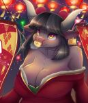  2021 absurd_res animal_humanoid anthro ardail asian_clothing banner big_breasts big_horns black_hair bovid bovid_humanoid bovine bovine_humanoid breasts chinese_clothing chinese_dress chinese_new_year chinese_text chinese_zodiac clothed clothing dress ear_piercing east_asian_clothing eyebrows facial_piercing female fireworks fur fur_lined_clothing grey_body grey_fur hair hi_res hime_cut horn humanoid looking_up mammal mammal_humanoid night nose_piercing outside piercing red_clothing red_dress red_lantern smile solo solo_focus text thick_eyebrows white_horn year_of_the_ox yellow_eyes 