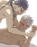  2boys abs archer bangs blue_hair blush commentary_request cu_chulainn_(fate)_(all) dark_skin dark_skinned_male earrings fate/stay_night fate_(series) grey_hair hand_on_another&#039;s_face highres implied_anal implied_sex jewelry lancer looking_at_another male_focus mondi_hl multiple_boys muscular nipples open_mouth ponytail red_eyes simple_background sweat white_background wrist_grab yaoi 