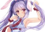  1girl alternate_hairstyle animal_ears armpits blush breasts bunny_ears closed_mouth eyebrows_visible_through_hair kerotsupii_deisuku long_hair looking_at_viewer medium_breasts necktie purple_hair red_eyes red_neckwear reisen_udongein_inaba sidelocks simple_background touhou twintails_day upper_body very_long_hair white_background wrist_cuffs 