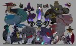  1girl agatha_(pokemon) alolan_marowak alternate_color anger_vein annihilape apron arm_blade armor banette blonde_hair blue_fire cane ceruledge chandelure colored_skin curtained_hair decidueye dragapult dreepy dusknoir eye_trail fire flaming_eyes floating froslass gastly gengar ghost grey_fur hat highres hisuian_zoroark jellicent jellicent_(female) jellicent_(male) light_trail looking_at_viewer mega_sableye mimikyu mismagius open_mouth pokemon pokemon_(creature) pokemon_frlg pokemon_rgby psaber97 pumpkaboo purple_armor purple_fire purple_skin red_eyes sableye shiny_pokemon short_hair sinistcha smile standing talons teeth tongue tongue_out weapon winged_arms wings witch_hat yamask yellow_eyes 