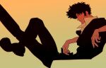  11114tai 1boy collared_shirt cowboy_bebop elbow_rest from_side highres jacket knee_up looking_ahead male_focus outstretched_leg parted_lips popped_collar shirt short_hair simple_background sitting solo spike_spiegel suit suit_jacket yellow_background 