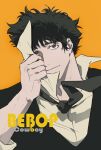  11114tai 1boy brown_eyes closed_mouth collared_shirt copyright_name cowboy_bebop floating_neckwear highres long_sleeves looking_up male_focus necktie orange_background popped_collar shirt short_hair simple_background smile solo spike_spiegel upper_body wavy_hair 