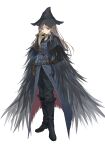  1girl absurdres alternate_costume arm_behind_back bang_dream! bang_dream!_it&#039;s_mygo!!!!! belt belt_pouch black_boots black_cloak black_gloves black_hat black_pants blade_of_mercy bloodborne blue_eyes boots brown_belt brown_hair buttons chinese_commentary cloak closed_mouth coat commentary_request cosplay dododo_(fightingdodo) double-breasted eileen_the_crow eileen_the_crow_(cosplay) elbow_gloves feather_cape full_body gloves grey_coat hat highres holding holding_mask jewelry knee_boots long_coat long_hair long_sidelocks long_sleeves looking_at_viewer mask nagasaki_soyo necklace pants plague_doctor_mask pouch putting_on_mask sam_browne_belt sidelocks simple_background solo standing sword weapon white_background 