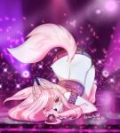  2020 animacityidol anthro bent_over bottomwear brand_new_animal canid canine clothed clothing detailed_background female fluffy fluffy_tail fox fur hair head_markings hi_res idol long_hair looking_at_viewer mammal markings microphone midriff multicolored_body multicolored_fur multicolored_hair nazuna_hiwatashi pink_body pink_fur pink_hair rear_view red_eyes shorts smile solo studio_trigger topwear white_body white_fur 
