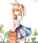 1girl animal_ears blonde_hair blue_eyes blue_skirt bunny_ears carrot food highres kosobin looking_at_viewer no_tail open_mouth original outdoors oversized_object ponytail ribbon shirt short_hair short_sleeves simple_background skirt solo white_background white_shirt 