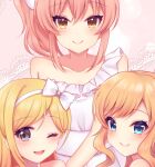  3girls bangs bare_shoulders blonde_hair blue_eyes blush bow breasts brown_eyes character_request closed_mouth collarbone commentary_request dress eyebrows_visible_through_hair frills hair_bow hair_ribbon hairband highres idolmaster idolmaster_cinderella_girls jougasaki_mika komari_mhy long_hair looking_at_viewer multiple_girls one_eye_closed ootsuki_yui open_mouth orange_hair pink_hair ribbon smile striped white_bow white_dress white_hairband yellow_eyes 