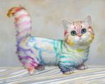 ambiguous_gender blue_eyes camilla_d&#039;errico domestic_cat felid feline felis feral fluffy fluffy_tail fur green_eyes heterochromia hi_res mammal markings multicolored_body multicolored_fur multicolored_markings munchkin_cat painting_(artwork) rainbow_body rainbow_fur rainbow_markings rainbow_stripes solo stripes tail traditional_painting_(artwork) whiskers white_body white_fur