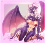  anthro big_breasts breasts claws clothing digital_media_(artwork) dragon female hair hi_res horn legwear leonifa lingerie looking_at_viewer mostly_nude nipple_tape non-mammal_breasts pasties purple_body purple_scales red_eyes reptile scales scalie simple_background smile solo tape white_hair wings 