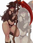 1other absurdres androgynous artist_name ascot asymmetrical_gloves bad_link black_hair boots crotch_plate fingerless_gloves gloves guilty_gear guilty_gear_strive hat highres holding_sickle long_hair looking_at_viewer panties red_eyes sickle smile solo standing standing_on_one_leg testament_(guilty_gear) top_hat underwear white_ascot widisu 