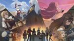  6+girls absurdres animal_ears armored_leotard beret blonde_hair blue_eyes blue_hair body_armor breasts brown_hair cloud cloudy_sky colphne_(girls&#039;_frontline_2) croissant cup dark-skinned_female dark_skin day dress elmo_(vehicle) english_commentary faceless fake_animal_ears feet_out_of_frame female_commander_(girls&#039;_frontline) food from_behind girls&#039;_frontline girls&#039;_frontline_2:_exilium gloves goggles goggles_on_head grey_hair groza_(girls&#039;_frontline_2) hair_between_eyes hair_ribbon hat helena_(girls&#039;_frontline_2) high_ponytail highres holding holding_hands holding_microphone holding_paper holding_tray krolik_(girls&#039;_frontline_2) leotard long_hair looking_at_viewer mayling_shen_(girls&#039;_frontline_2) mechanical_ears microphone multiple_girls multiple_views music nemesis_(girls&#039;_frontline_2) one_side_up open_mouth ots-14_(girls&#039;_frontline) paper pink_hair playboy_bunny ponytail rabbit_ears red-tinted_eyewear red_eyes red_ribbon ribbon singing sky smile tactical_playboy_bunny teeth tinted_eyewear tray upper_body upper_teeth_only vepley_(girls&#039;_frontline_2) white_hat zaq_(zaqsta) 