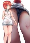  1girl ange_katrina ass bare_shoulders blush commentary_request dress flat_chest from_below fuwa_uneuchi grey_panties hair_intakes multiple_views nijisanji panties pantyshot red_hair short_dress short_hair underwear white_dress 