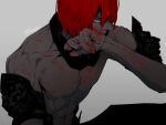  1boy abs ashwatthama_(fate) black_pants blood blood_on_face blood_on_hands fate/grand_order fate_(series) grey_background male_focus pants pectorals red_hair sei_8220 simple_background sitting solo toned toned_male topless_male wiping_face yellow_eyes 