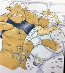  2021 anthro balls belly blush bovid bovine brown_body brown_fur canid canine cattle clothing duo erection eyes_closed fur genitals hi_res horn humanoid_genitalia humanoid_penis kemono male male/male mammal nipples overweight overweight_male penis shirt small_penis suishou0602 topwear 