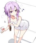  1girl breasts butt_bump cleavage collarbone commentary efe eighth_note feet_out_of_frame food food_in_mouth hair_between_eyes hair_ornament highres holding holding_food holding_milk_carton leaning_forward milk_carton mouth_hold musical_note naked_towel popsicle popsicle_in_mouth puff_of_air purple_eyes purple_hair short_hair_with_long_locks solo standing towel vocaloid voiceroid weapon_behind_back white_background yuzuki_yukari 