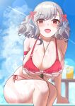  1girl absurdres arm_support between_breasts bikini blue_sky blush bow breasts cleavage cloud commentary_request cup girls&#039;_frontline girls&#039;_frontline_2:_exilium grey_hair hair_bow highres ice ice_cube large_breasts lemonade lens_flare looking_at_viewer medium_hair official_alternate_costume open_mouth red_bikini red_bow red_eyes sabrina_(girls&#039;_frontline_2) side-tie_bikini_bottom sitting sky smile solo spas-12_(girls&#039;_frontline) spas-12_(strawberry_zabaglione)_(girls&#039;_frontline) sub_aru_b_skl swimsuit wet 