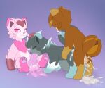 absurd_res ambiguous_gender ambiguous_penetration animal_genitalia animal_penis balls belly big_penis bodily_fluids brown_body brown_fur canine_genitalia canine_penis cum cum_inflation cum_inside cum_on_balls cum_on_ground cum_on_penis excessive_cum excessive_genital_fluids fellatio feral from_behind_position fur genital_fluids genitals grey_body grey_fur group group_sex heart_(marking) hi_res inflation jm-luxro leaking_cum lewxen luxro male male/ambiguous mammal markings oral pawpads penetration penile penis pink_body pink_eyes pink_fur sex sitting spitroast tan_belly threesome trio