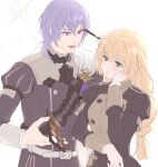  1boy 1girl absurdres belt black_jacket blonde_hair breasts chinese_commentary commentary_request eyeshadow fire_emblem fire_emblem:_three_houses garreg_mach_monastery_uniform green_eyes grey_jacket hand_on_own_cheek hand_on_own_face highres holding ingrid_brandl_galatea jacket long_hair long_sleeves looking_at_another makeup medium_breasts moyu_moyu_(moyumoyu085) open_mouth purple_eyes purple_hair short_hair simple_background upper_body white_background white_belt yuri_leclerc 