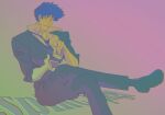  11114tai 1boy card character_name collared_shirt cowboy_bebop crossed_legs foot_out_of_frame gradient_background grin holding holding_card jacket lapels looking_ahead male_focus necktie open_collar pants playing_card popped_collar shirt short_hair shuffling_cards sitting sleeves_rolled_up smile solo spike_spiegel suit suit_jacket teeth 