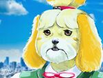  4:3 absurd_res animal_crossing anthro canid canine canis clothed clothing destinywarlock domestic_dog female fur hi_res huge_filesize isabelle_(animal_crossing) mammal nintendo open_mouth portrait realistic shih_tzu solo toy_dog video_games yellow_body yellow_fur 