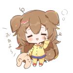  1girl animal_ears blush_stickers brown_hair chibi closed_eyes commentary_request dog_ears dog_girl dog_tail full_body hololive inugami_korone kashiwase_karune listener_(inugami_korone) long_hair messy_hair open_mouth pajamas pants rubbing_eyes shirt simple_background sleepy solo stuffed_toy tail tears translated very_long_hair white_background yellow_pajamas yellow_pants yellow_shirt 
