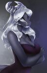  2021 anthro breasts clothed clothing digital_media_(artwork) dragon eyebrows eyelashes female fingers hair hi_res horn smile solo white_hair wingless_dragon yasmil 