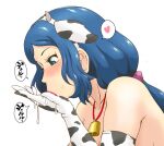  1girl animal_ears animal_print bell blue_hair cow_ears cow_horns cow_print cum elbow_gloves fake_animal_ears fake_horns gloves green_eyes gundam gundam_build_fighters heart horns iori_rinko long_hair nude print_gloves simple_background solo spoken_heart tof upper_body white_background white_gloves 