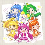  6+girls antenna_hair aoki_reika arm_warmers bike_shorts bike_shorts_under_skirt blonde_hair blue_boots blue_bow blue_bowtie blue_choker blue_eyes blue_hair blue_shirt blue_skirt blush boots bow bowtie brooch candy_(smile_precure!) chibi choker circlet closed_mouth cure_beauty cure_happy cure_march cure_peace cure_sunny double_v green_boots green_bow green_bowtie green_choker green_eyes green_hair green_shirt green_skirt hair_bun high_ponytail highres hime_cut hino_akane_(smile_precure!) hoshizora_miyuki jewelry kise_yayoi long_hair low_twintails magical_girl midorikawa_nao multiple_girls open_mouth orange_boots orange_bow orange_bowtie orange_choker orange_eyes orange_hair orange_shirt orange_shorts orange_skirt pink_boots pink_bow pink_bowtie pink_choker pink_eyes pink_hair pink_shirt pink_shorts pink_skirt plv_276 ponytail precure shirt short_hair short_sleeves shorts single_hair_bun skirt smile_precure! tiara twintails v wing_hair_ornament wrist_cuffs yellow_boots yellow_bow yellow_bowtie yellow_choker yellow_eyes yellow_shirt yellow_shorts yellow_skirt 