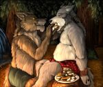 absurd_res anthro bdsm beer_belly belly bondage bound brown_body brown_fur camping campsite candy canid canine canis chocolate clothing dessert dominant duo eating evergreen_tree feederism feeding firelight flannel food force_feeding forced fur graham_cracker green_eyes grey_body grey_fur hi_res kneeling male male/male mammal marshmallow outside overweight overweight_male pine_tree plant rope sitting smores_(food) stuffing submissive terrag toothy_grin tree underwear wolf yellow_eyes yenoc yenocwolf