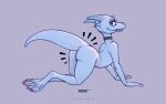  2018 all_fours ambiguous_gender anthro butt collar digitigrade ecmajor eyelashes fangs grey_background horn kobold looking_at_viewer nude painted_claws presenting presenting_hindquarters simple_background smile solo text 