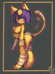  animal_crossing ankha_(animal_crossing) anthro bandage big_breasts big_butt breasts butt claws clothed clothing domestic_cat felid feline felis female fur hair hi_res long_tail looking_at_viewer mammal mythruna nintendo nipples partially_clothed paws purple_eyes purple_hair short_hair signature simple_background solo thick_thighs video_games yellow_body yellow_fur 
