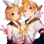  1boy 1girl :p bass_clef birthday black_sailor_collar blonde_hair bow closed_eyes detached_sleeves english_text hair_bow hair_ornament hairclip happy_birthday headphones highres kagamine_len kagamine_rin navel neck_ribbon nuko_0108 purple_eyes ribbon sailor_collar sailor_shirt shirt short_hair short_sleeves smile tongue tongue_out treble_clef vocaloid white_background white_bow white_headwear white_shirt yellow_ribbon 