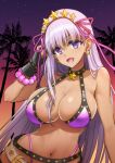  1girl bangs bare_shoulders bb_(fate)_(all) bb_(swimsuit_mooncancer)_(fate) bead_bracelet beads belt bikini black_garter_belt black_gloves blush bracelet breasts cleavage collarbone dark_skin dark_skinned_female fate/grand_order fate_(series) fingerless_gloves gloves gradient_sky hair_ornament hair_ribbon hairband highres jewelry large_breasts long_hair looking_at_viewer loose_belt navel open_mouth orange_sky palm_tree purple_bikini purple_eyes purple_hair purple_sky revision ribbon sky smile star_(sky) star_(symbol) star_hair_ornament starry_sky studded_garter_belt swimsuit tan tree twilight very_long_hair white_belt youshuu 