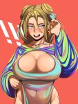  !! 1girl absurdres adjusting_clothes adjusting_hair anger_vein angry blonde_hair blue_eyes blush breasts chinese_clothes cleavage covered_navel double_bun eyebrows highres kevbot large_breasts navel original red_background shrug_(clothing) 