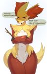 absurd_res anthro black_body black_fur breasts chlorart crossed_arms delphox displeased female fur generation_6_pokemon guilt_tripping hi_res inner_ear_fluff looking_at_viewer nintendo orange_body orange_eyes orange_fur pokemon pokemon_(species) red_body red_fur shadow_over_body solo tuft wand white_body white_fur wide_hips yellow_body yellow_fur