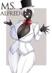5_fingers :d absurd_res arms_bent big_breasts black_breasts black_clothing black_face black_fingers black_hands black_hat black_headwear black_neck black_top_hat blush bottomwear bow_ribbon breasts character_name cleavage clothed clothed_female clothed_humanoid clothing collarbone collared_shirt crossgender digital_media_(artwork) dress_shirt empty_eyes english_text female female_humanoid fingers fully_clothed fully_clothed_female fully_clothed_humanoid geometric_background glistening glistening_breasts glistening_clothing glistening_hat glistening_headgear glistening_headwear glistening_top_hat grey_text hair hat headgear headwear hi_res huge_breasts humanoid last_origin machine mr_alfred mtf_crossgender multicolored_fingers not_furry open_mouth open_smile owner_(artist) pants pink_blush portrait red_bow_ribbon robot robot_humanoid shirt short_hair simple_background smile solo standing text thick_thighs three-quarter_portrait top_hat topwear two_tone_fingers white_bottomwear white_clothing white_dress_shirt white_fingers white_hair white_pants wide_hipped_female wide_hipped_humanoid wide_hips