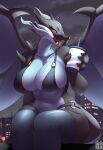 4_fingers anthro areola areola_slip arm_spikes beverage big_breasts black_body black_tail black_wings blue_body blue_bra blue_clothing blue_legwear blue_thigh_highs blue_underwear blue_wings bra breasts building clothing cloud detailed_background dragon drinking_straw eyelashes fangs female female_anthro fingers generation_6_pokemon hi_res holding_beverage holding_object legwear looking_aside looking_at_viewer mega_charizard mega_charizard_x mega_evolution membrane_(anatomy) membranous_wings multicolored_body multicolored_wings mythological_creature mythological_scalie mythology navel night nintendo open_mouth pink_areola pokemon pokemon_(species) pupils red_eyes scalie shoulder_spikes sitting sk3tchk4t sky slit_pupils soda solo spikes spikes_(anatomy) spread_wings star tail teeth thigh_highs thong_straps tongue tongue_out underwear wings