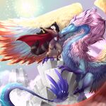  1:1 ambiguous_gender anthro black_hair breasts clothed clothing day detailed_background digital_media_(artwork) dragon duo female feral fur furred_dragon hair hi_res outside p-v-s pink_body pink_fur sky smile 