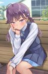  1girl absurdres ahoge bare_legs blue_overskirt blue_ribbon blue_skirt blue_vest blush braid butterfly_hair_ornament feet_out_of_frame gakuen_idolmaster hair_ornament hatsuboshi_gakuen_school_uniform highres idolmaster kaya_rinha long_hair looking_at_viewer neck_ribbon on_bench pleated_skirt purple_hair ribbon school_uniform shirt sitting skirt skirt_set smile solo sorauta_(prsn7888) twintails vest white_shirt 