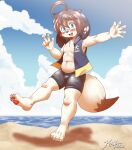  2020 anthro beach blue_eyes blush bottomwear canid canine canis chest_tuft clothed clothing cloud domestic_dog floppy_ears fur gesture hair hi_res kivwolf looking_at_viewer male mammal navel outside pawpads rigel seaside shorts sky smile solo tuft v_sign water waving white_body white_fur 