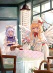  2girls :d apron basket blonde_hair blue_eyes blue_hair blue_vest bow bowtie bread breasts chair closed_mouth commentary_request cup dress feathered_wings flower food hat hat_bow highres holding holding_tray indoors jam jar lamp lapel_pin letty_whiterock lily_white long_hair long_sleeves medium_breasts mozukuzu_(manukedori) multiple_girls open_mouth pink_flower pointy_hat red_bow red_bowtie short_hair sidelocks smile spoon table tablecloth teacup teapot touhou tray vase vest waist_apron white_apron white_dress white_flower white_hat white_wings window wings 