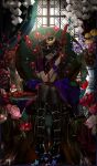  1girl armchair bellflower black_boots black_hair black_hat black_pantyhose blue_eyes blue_flower boots buttons chair chinese_bellflower chrysanthemum closed_mouth collared_jacket commentary crossed_arms double-breasted eyepatch fate/grand_order fate_(series) flower flower_request full_body hat hollyhock indoors jacket katana looking_at_viewer mysterious_ranmaru_x_(fate) narue oda_uri official_art one_eye_covered orchid pantyhose paulownia peaked_cap peony_(flower) phalaenopsis pink_flower purple_flower purple_wrist_cuffs red_flower red_jacket red_ribbon ribbon short_hair short_sleeves sitting smile solo sword table third-party_source too_many_flowers unworn_hat unworn_headwear vase weapon white_flower window wing_collar wrist_cuffs yellow_flower 