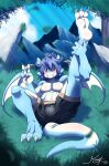  2020 anthro blue_body bottomwear bulge claws clothing dragon feet feofan gesture grass grin hair hi_res kivwolf looking_at_viewer lying male mountain navel outside pecs plant purple_hair raised_leg red_eyes scalie shorts smile solo v_sign wings 