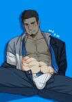  1boy abs bara bare_pecs blue_eyes blush brown_hair bulge denim erection erection_under_clothes facial_hair formal goatee highres jacket jeans jockstrap koji_(wildlhz) large_pectorals male_focus male_pubic_hair male_underwear mature_male muscular muscular_male navel navel_hair necktie necktie_removed nipples open_clothes open_jacket original pants pubic_hair short_hair solo spread_legs stomach undercut underwear white_male_underwear 