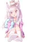  1girl :o absurdres animal_ear_fluff animal_ears animal_on_head animare braid cardigan fox frilled_skirt frills full_body highres holding holding_pillow long_hair long_sleeves off_shoulder on_head open_cardigan open_clothes pillow purple_eyes rutinium shiromiya_mimi skirt sleeves_past_wrists socks transparent_background virtual_youtuber white_legwear 